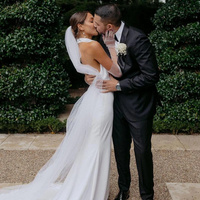 Elegant mermaid white suspender satin wedding dress, white satin wedding dress, backless wedding dress, complimentary veil - Thumbnail 1