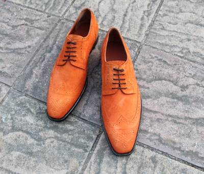 Crafted Leather Classic Tan Suede Wingtip Oxford Men Stunning Dress Lace up Shoes