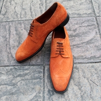 Crafted Leather Classic Tan Suede Wingtip Oxford Men Stunning Dress Lace up Shoes - Thumbnail 2
