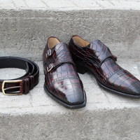 Crafted Leather Classic Handmade Dark Brown Crocodile Texture Leather Dress Shoes with Matching Belt - Thumbnail 4