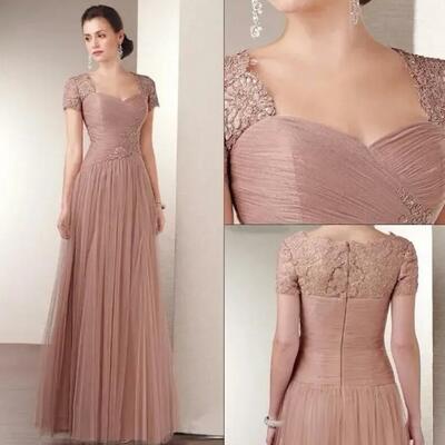 Vintage a-line pink mother of the bride dress with cap sleeves lace appliques