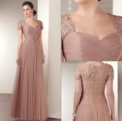 Vintage A-line Pink Mother of the Bride Dress With Cap Sleeves Lace Appliques