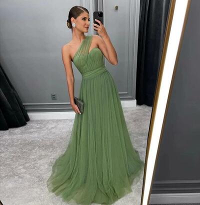 Luxurious One Shoulder Sage Green Prom Dress for Special Events
