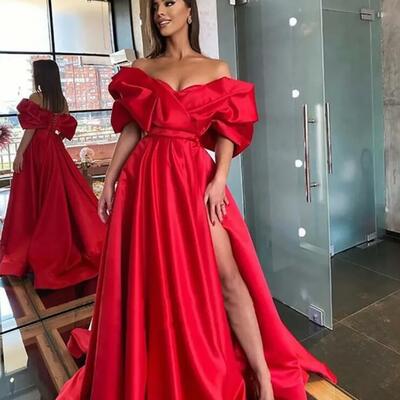 Off-shoulder a line prom party gown with sweep train 