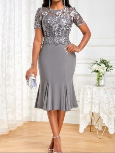 Grey Mother of Bride/ Groom Dress Simple Tea-length Lace Evening Formal Gowns Prom Dress