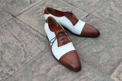 Crafted Leather Classic Brown White Leather Oxford Lace up Dress Shoes