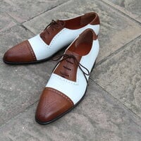 Crafted Leather Classic Brown White Leather Oxford Lace up Dress Shoes - Thumbnail 1
