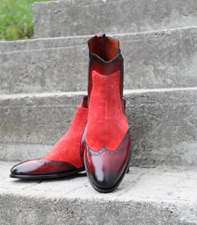 Crafted Leather Classic Burgundy Patina Red Suede Leather Chelsea Boot