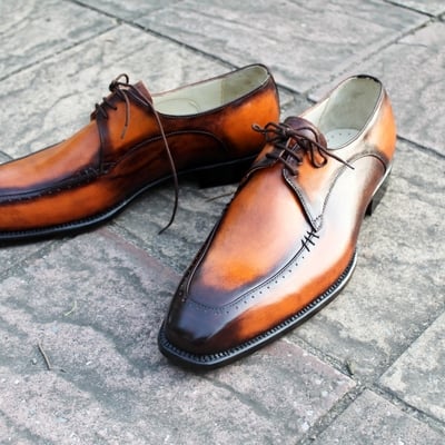 Crafted leather classic new handmade mens tan black shaded patina oxford lace up dress shoes - Thumbnail 5