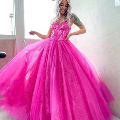 Gorgeous sweetheart fuchsia tulle ball gown prom dresses, sweet 16 dresses - Thumbnail 1