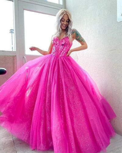 Gorgeous Sweetheart Fuchsia Tulle Ball Gown Prom Dresses, Sweet 16 Dresses
