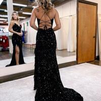 Mermaid V Neck Black Sequins Prom Dresses with Slit - Thumbnail 1