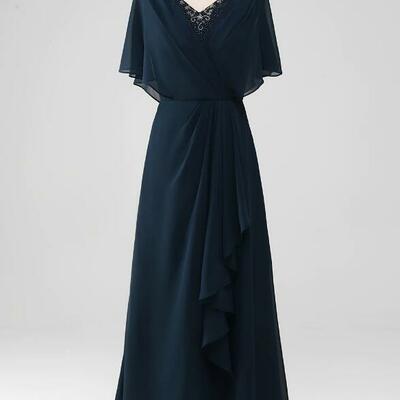 A line v-neck asymmetrical chiffon mother of the bride dress with beading
