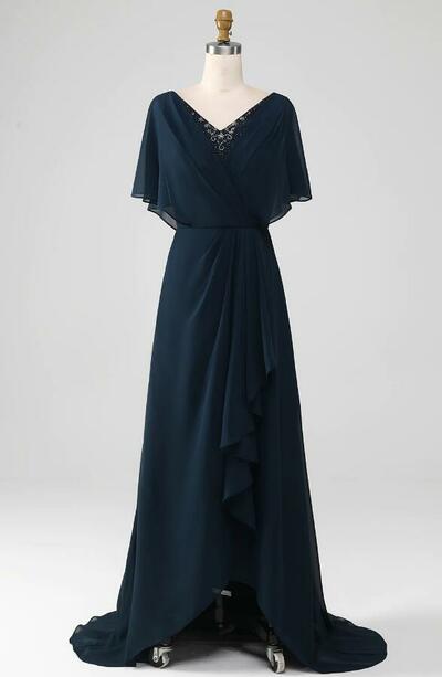 A Line V-neck Asymmetrical Chiffon Mother Of The Bride Dress With Beading