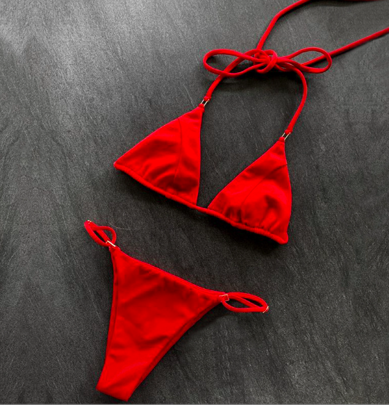 Red Women Halter String Bikini Set Sexy Thong Cheeky Two Piece Swimsuits Solid Color Bathing Swimwear