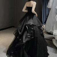 Black Strapless Tulle Long A-Line Ball Gown, Black Evening Party Dress - Thumbnail 1