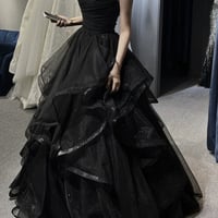 Black Strapless Tulle Long A-Line Ball Gown, Black Evening Party Dress - Thumbnail 2