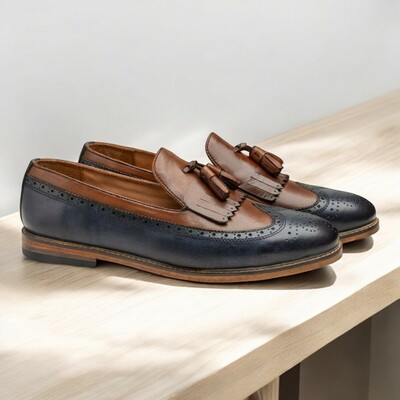 Handmade brown blue fringe loafer tussle shoes, men's leather shoes