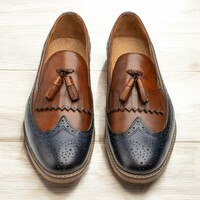 Handmade Brown Blue Fringe Loafer Tussle Shoes, Men's Leather Shoes - Thumbnail 1