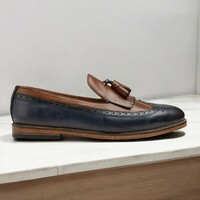 Handmade Brown Blue Fringe Loafer Tussle Shoes, Men's Leather Shoes - Thumbnail 2