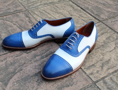 Crafted Leather Classic and Elegant Handmade Blue White Leather Oxford Dress Shoes