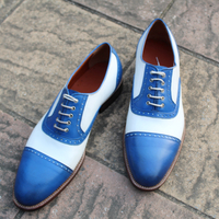 Crafted Leather Classic and Elegant Handmade Blue White Leather Oxford Dress Shoes - Thumbnail 2