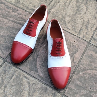 Crafted leather classic red white oxford dress shoes handmade - Thumbnail 4