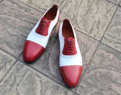 Crafted Leather Classic Red White Oxford Dress Shoes Handmade