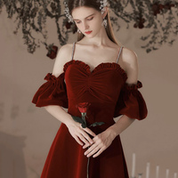 Burgundy Velvet Long A-Line Prom Party Dresses - Thumbnail 1