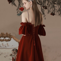 Burgundy Velvet Long A-Line Prom Party Dresses - Thumbnail 2
