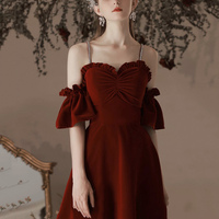 Burgundy Velvet Long A-Line Prom Party Dresses - Thumbnail 3