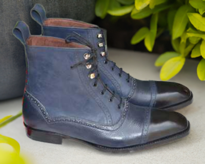 Navy Blue and Black Dress Boots for Men's Leather Ankle Boots