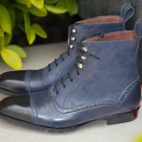 Navy Blue and Black Dress Boots for Men's Leather Ankle Boots - Thumbnail 1