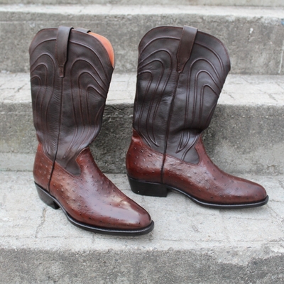 Crafted leather classic men's fashion dark brown ostrich leather cowboy boots