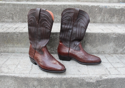 Crafted Leather Classic Men's Fashion Dark Brown Ostrich Leather Cowboy Boots