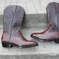Crafted Leather Classic Men's Fashion Dark Brown Ostrich Leather Cowboy Boots - Thumbnail 1