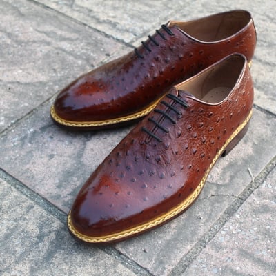 Crafted leather classic men fashion dark brown genuine ostrich leather lace up dress shoes - Thumbnail 5