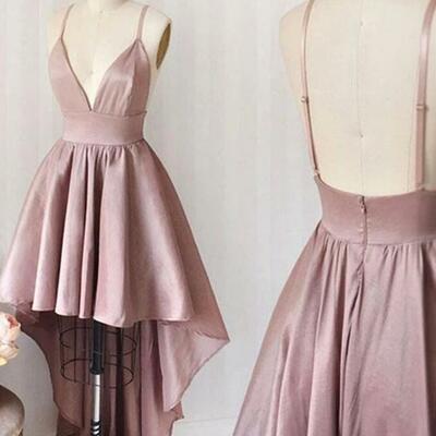 Spaghetti straps pink sleeveless v neck short prom dresses