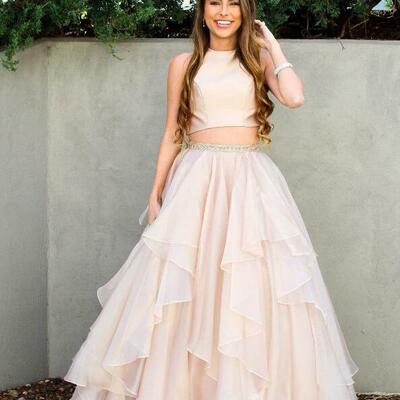 Two pieces a line chiffon ruffles pearl pink prom dress - Thumbnail 2