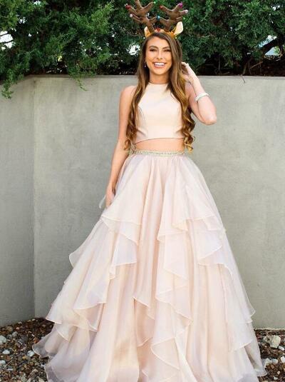 Two Pieces A Line Chiffon Ruffles Pearl Pink Prom Dress