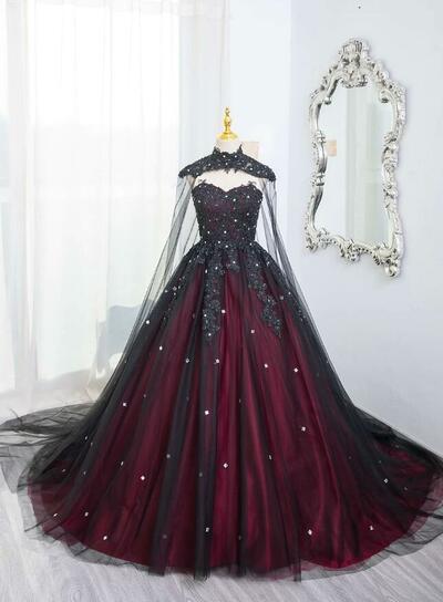 Gorgeous Ball Gown Black And Red Tulle Prom Dress With Cape