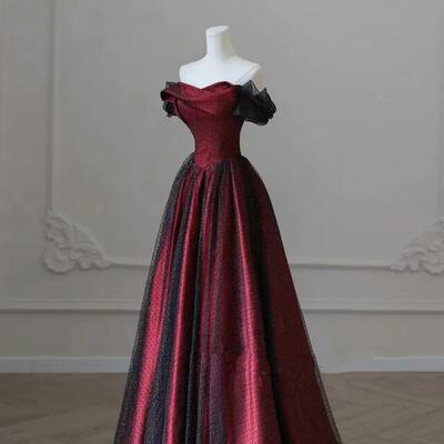 Charming off shoulder a-line black and red tulle prom dresses - Thumbnail 2