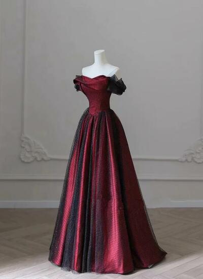 Charming Off Shoulder A-line Black And Red Tulle Prom Dresses