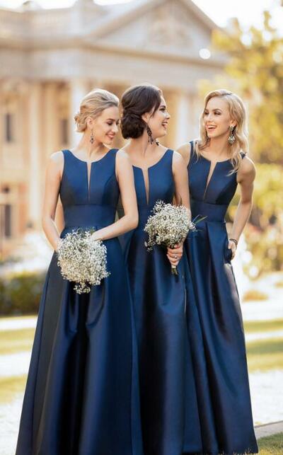 A Line Blue Sleeveless Jewel Satin Bridesmaid Dress With Pocket 