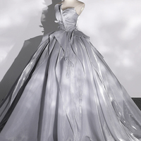Gray Tulle Strapless Long Formal Prom Dress - Thumbnail 1