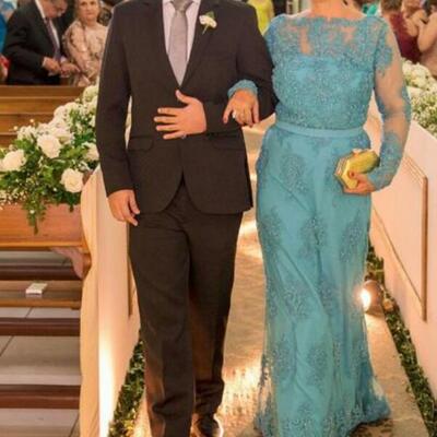 Blue mother of bride/ groom dress simple lace appliques evening formal gowns prom dress