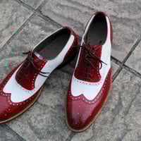 Crafted Leather Classic Handmade Burgundy White Leather Dress Oxford Shoes - Thumbnail 3