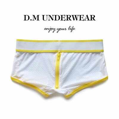 Gay mens sexy d.m underwear perforated mesh holes back zipper boxer briefs underpants white