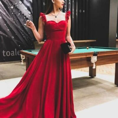 Simple a-line straps burgundy prom dresses - Thumbnail 1