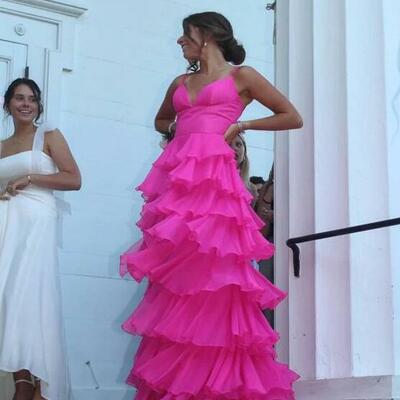 Hot pink straps ball gown evening party dresses